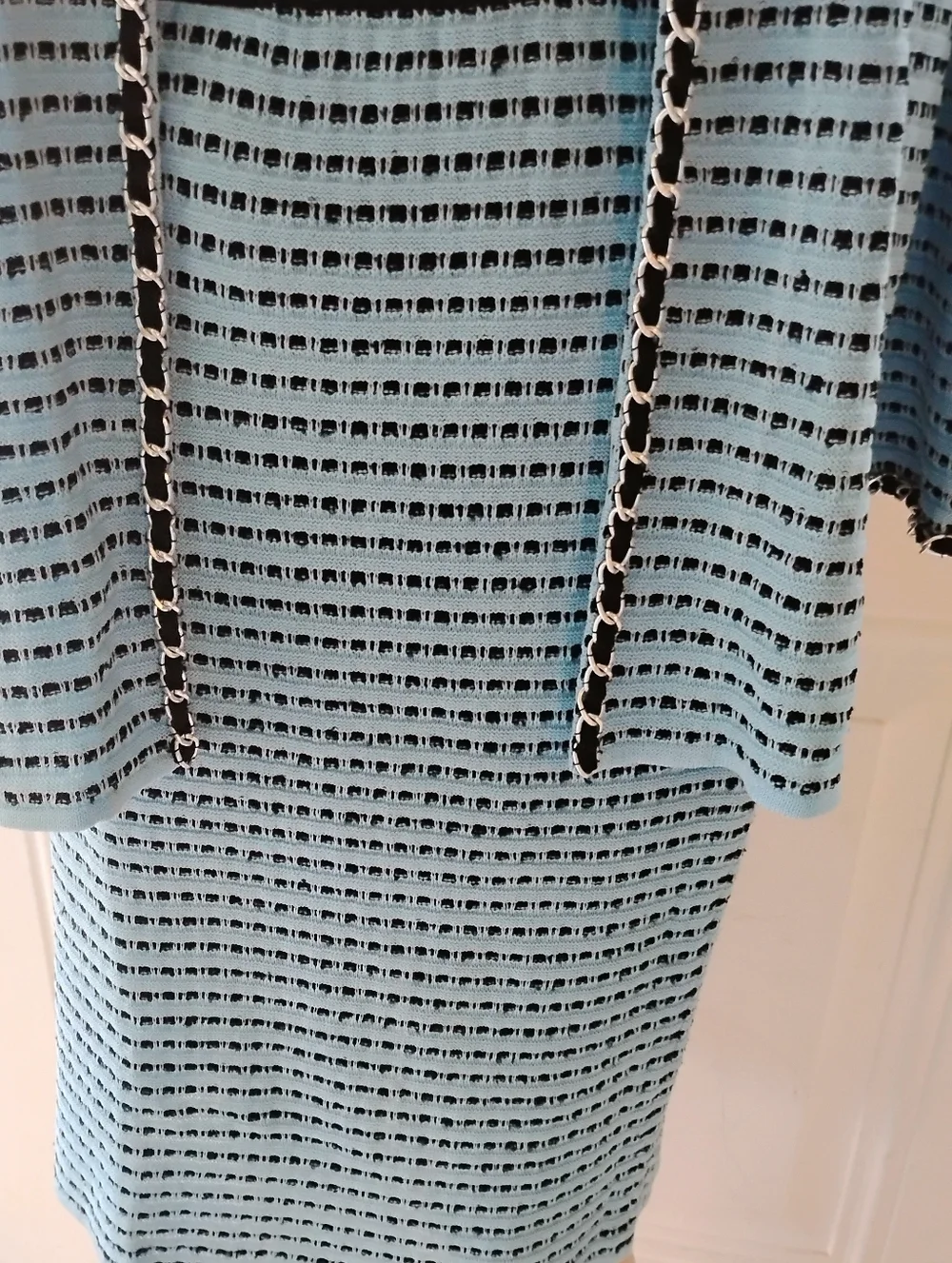 Ming Wang M-L 3 Pc Blue Black Knit Tweed Boucle Chain Light Weight Skirt Suit